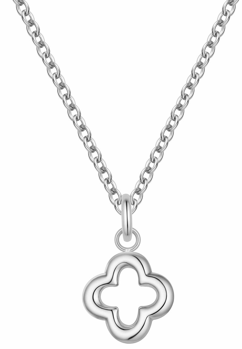 Silver chain necklace with a smooth, hollow quatrefoil-shaped pendant hanging from a round loop.