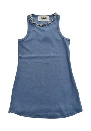 Vestito blu senza maniche con dettagli di perle intorno allo scollo e etichetta Silvian Heach all'interno del colletto.