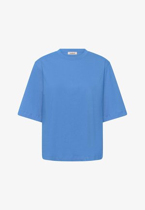 Blauw katoenen T-shirt met korte mouwen, een ronde halslijn en een klein merkembleem aan de binnenkant van de kraag.