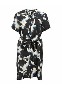 Knopfkleid aus strukturiertem Stoff, mit schwarzem Grund und blauen sowie weißen Blumenmustern, kurzen Ärmeln und gebundenem Taillenzug.