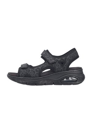 Black sandal with leopard print pattern, made of synthetic material. Features adjustable straps and a cushioned air sole design.