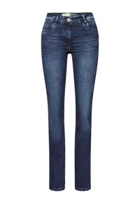 Džíny z tmavého denimu se rovnou siluetou, s předními kapsami a zapínáním na knoflík v pase.