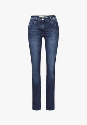 Dunkelblaue Jeans aus Denim mit geradem Schnitt, ausgestattet mit Fronttaschen und einem Knopfverschluss am Bund.