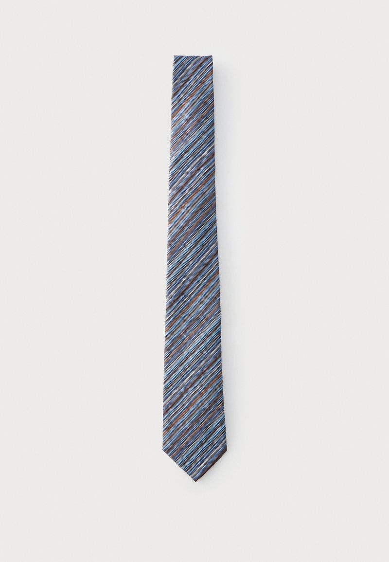 Cravate slim pour homme avec des rayures diagonales bleu, marron et noir sur fond blanc.