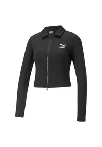 Chaqueta corta negra hecha de un tejido suave, con cuello, cierre de cremallera completa y un pequeño logo blanco de Puma en el lado izquierdo del pecho.