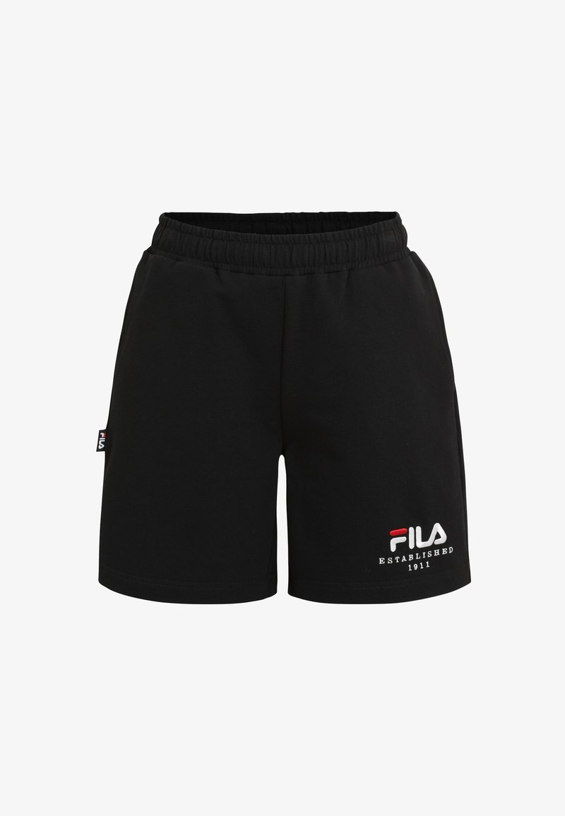 Pantalones cortos de algodón negros con cintura elástica, con el logo de Fila y "ESTABLECIDO EN 1911" en bordado blanco y rojo en la parte delantera.
