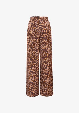 Pantalons à jambes larges en tissu léger avec un imprimé léopard marron et noir, dotés d'une fermeture à bouton et d'une taille haute.