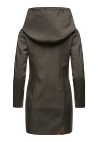 Dark gray jacket with a large hood, featuring smooth fabric, long sleeves, and decorative stitching with "MARIKOO" on the back.