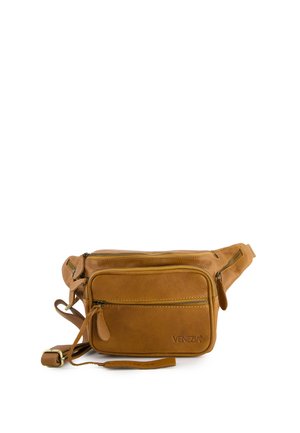 Lysebrun lædermavebælte med flere lynlåslommer, justerbar strop og "VENEZIA" præget på frontlommen.