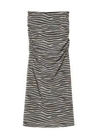 Abito a strisce zebra grigio e beige con design drappeggiato, senza maniche e orlo dritto. Tessuto morbido e testurizzato.