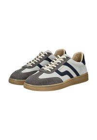 Pair of light grey and charcoal suede sneakers with navy accents and gum rubber soles, featuring cream laces and low-top design.
