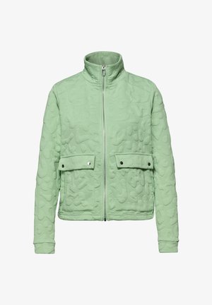 Jasnozielona pikowana kurtka z wysokim kołnierzem, suwakiem z przodu, dwoma kieszeniami z patkami zapinanymi na zatrzaski oraz długimi rękawami.