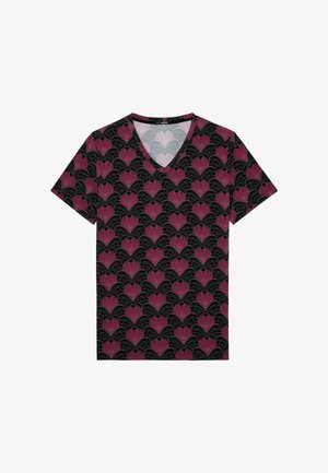 Černé tričko s V-výstřihem vyrobené z látky se opakujícím se vzorem růžových a černých ventilátorů s konturovými detaily. Měkká textura a ležérní design.