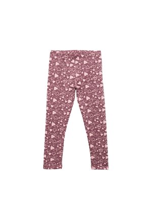 Fioletowe legginsy z powtarzającym się wzorem różowych serc, wykonane z miękkiego, elastycznego materiału, dopasowane do ciała.