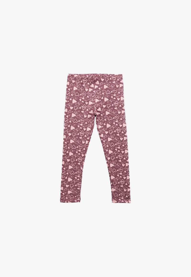 Violetti legginsit, joissa on toistuva vaaleanpunaisen sydämen kuvio, valmistettu pehmeästä ja joustavasta materiaalista, joka on tehty tiukasti istuvaksi.