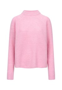 Różowy sweter dzianinowy z wysokim dekoltem, długimi rękawami i lekko luźnym krojem. O teksturze ryżowej na całej powierzchni, bezszwowe rękawy raglanowe.