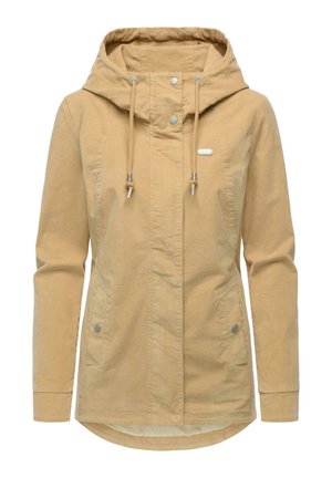 Beżowa kurtka z kapturem i długimi rękawami, z przodu zatrzaski, sznurek do regulacji kaptura oraz boczne kieszenie zapinane na zatrzaski.