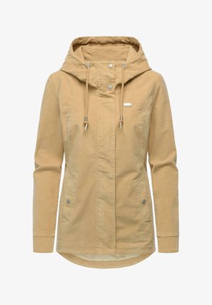 Beige Kapuzenjacke mit langen Ärmeln, durchgehenden Druckknöpfen vorne, Kordelzug an der Kapuze und seitlichen Taschen mit Druckknopfverschluss.