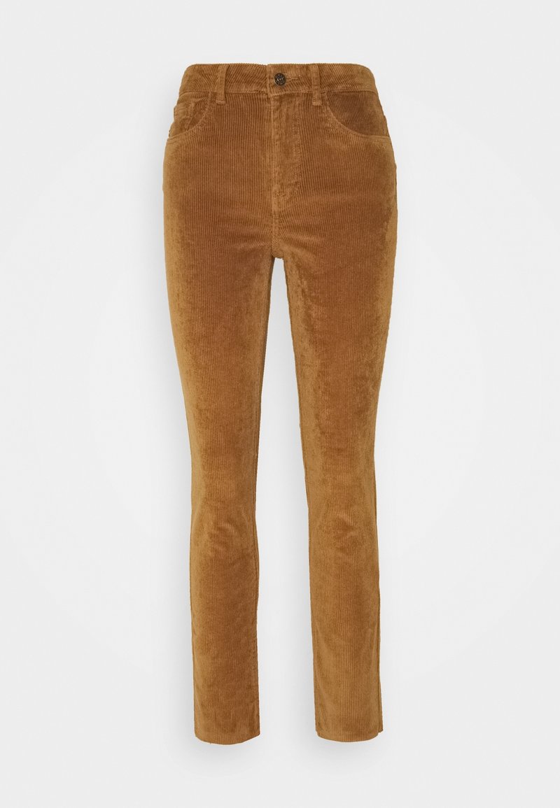 Pantalon en velours côtelé marron coupe slim avec bouton à l'avant, fermeture éclair et poches, présenté sur fond blanc.