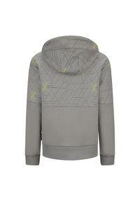 Felpa grigia con un design a motivo caratterizzato da forme geometriche e accenti di testo in verde neon. Include un cappuccio con cordino e polsini a coste.