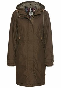 Braune, lange Parka mit Kapuze, ausgestattet mit einem Reißverschluss, Seitentaschen und einem karierten Futter. Hergestellt aus strukturiertem, wetterfestem Material.