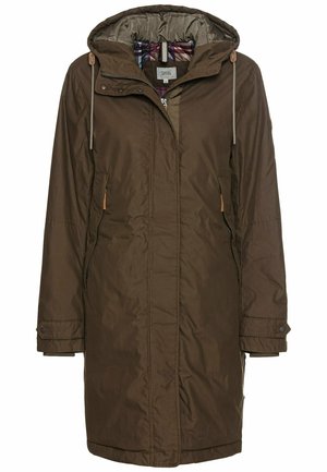 Brown, long parka with a hood, featuring a zip closure, side pockets, and a check-patterned lining. Made from textured, weather-resistant material.