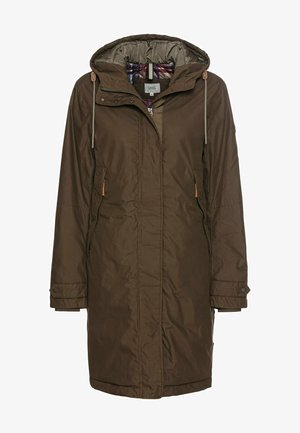 Brown, long parka with a hood, featuring a zip closure, side pockets, and a check-patterned lining. Made from textured, weather-resistant material.