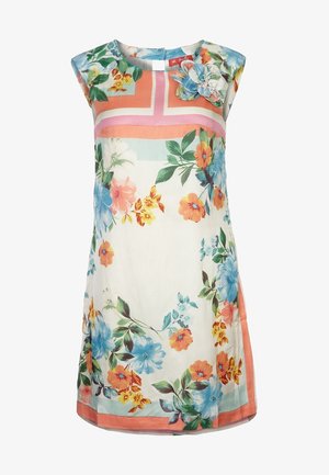 Katoenen bloemenjurk met een pastelkleurenpalet met blauwe, oranje en gele bloemen, een ronde halslijn en een stoffen bloemdetaillering.