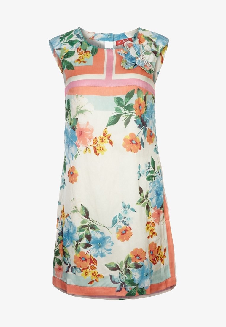 Robe en coton à motif floral avec une palette de couleurs pastel comprenant des fleurs bleues, orange et jaunes, un col rond et un accent de fleur en tissu.