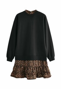 Hanorac negru cu o fustă din leopard cu volane. Designul are mâneci lungi, guler rotund și material texturat la guler.