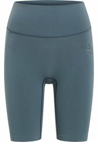 Blaue gerippte Shorts mit einer taillierten Passform, mittellanger Beinlänge und dezentem Markenlogo. Hergestellt aus dehnbarem Material mit flachen Nähten.