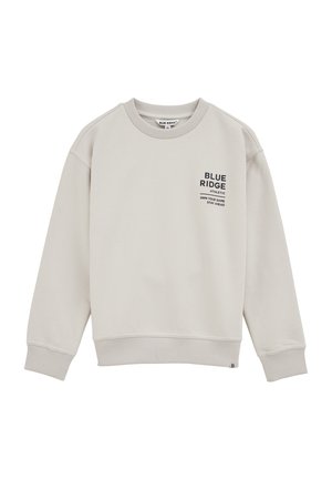 Hele hall sweatshirt, mis on valmistatud pehmest kangast, ribatud ümmarguse kaelusega ja mansettidega. Esipaneelil on tumehallis tekstis trükk.