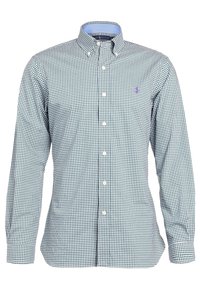 Grön och marinblå rutad skjorta med knappar och spread collar. Tillverkad av bomull, långa ärmar och en liten lila logotyp på vänster bröst.