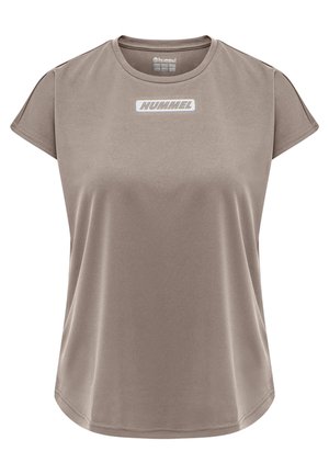 T-shirt beige à manches courtes avec un col rond, en tissu lisse, avec un logo blanc "HUMMEL" sur le devant.