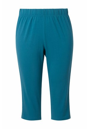 Pantalones azules elásticos de longitud media con cintura elástica, mostrados de frente sobre un fondo blanco.