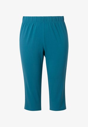 Pantaloni elasticizzati blu di media lunghezza con cintura elastica, mostrati frontalmente su sfondo bianco.