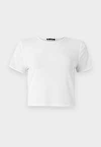 T-shirt blanc à manches courtes et coupe courte avec encolure ronde, présenté à plat sur un fond clair.