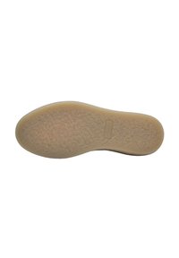 Suela de zapato hecha de goma con una superficie texturada en beige. Presenta una impresión rectangular en el centro y patrones para tracción.