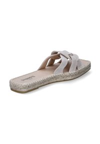 Light beige espadrille slide with three crossing straps, jute midsole, soft suede texture, and rubber sole for grip.