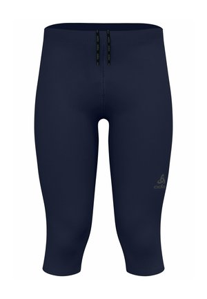 Navy blue athletic cropped leggings with front drawstring and subtle logo on left thigh, designed for active wear.
