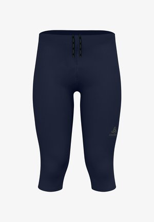 Navy blue athletic cropped leggings with front drawstring and subtle logo on left thigh, designed for active wear.