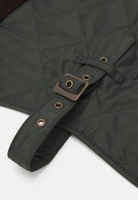 Κουβερτίνα πράσινου υφάσματος με σκούρο καφέ κολάρο από βελούδο, με λεπτομέρειες από μεταλλική πόρπη και κούμπωμα. Υφή με διαγώνια ραφή.