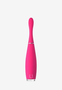 Vibrant pink silicone massager with a tapered design, textured handle, and clear base. Features a silver accent at the midsection.