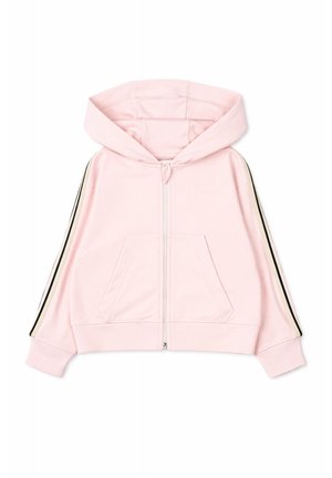 Felpa con cappuccio rosa chiaro con zip, tasche frontali, cappuccio e strisce nere e beige che corrono lungo ogni manica.