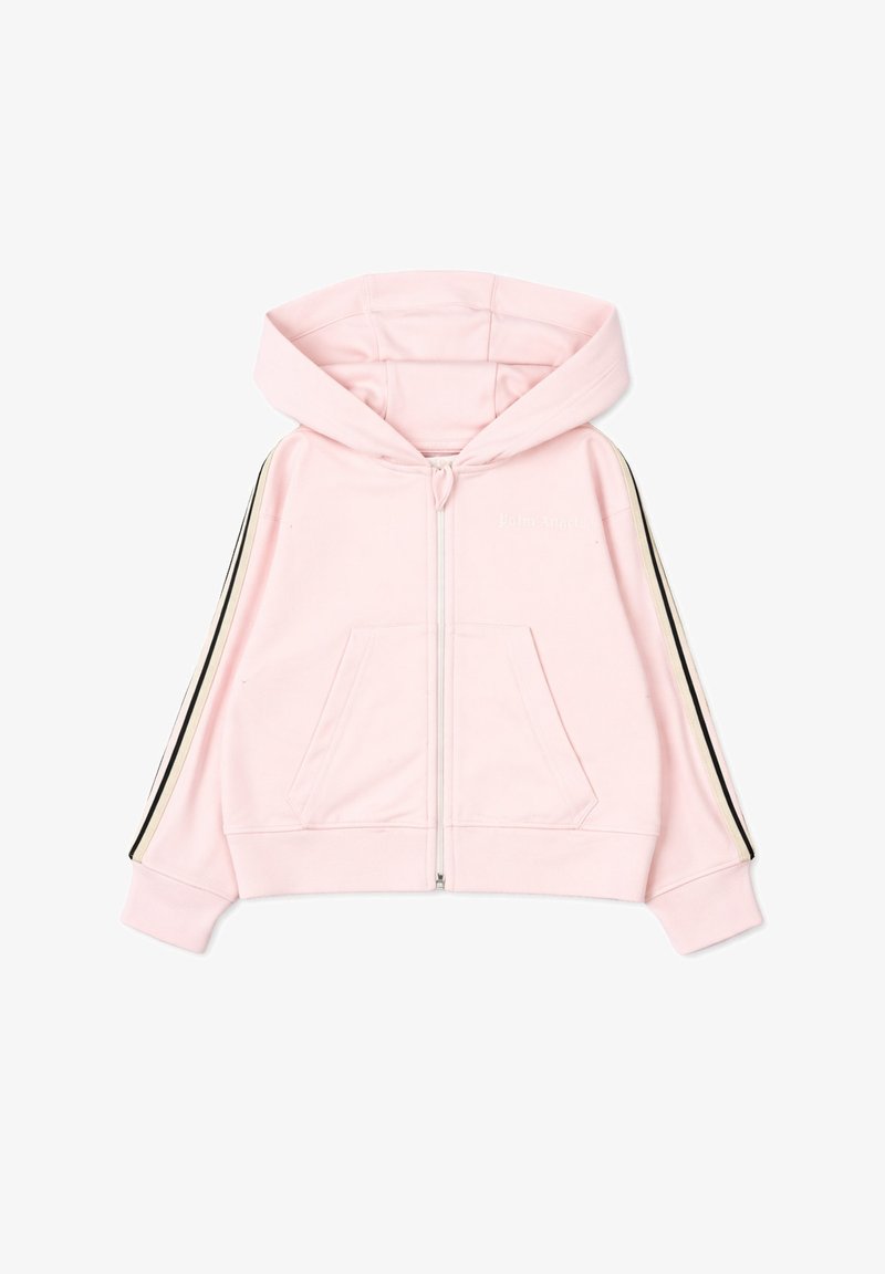 Sweat à capuche rose clair zippé avec poches avant, capuche, et rayures noires et beiges le long de chaque manche.