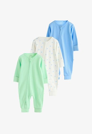 Trys riboti medvilniniai kūdikių miegmaišiai: šviesiai žali, balti su mėlynomis žvaigždutėmis ir vientisos šviesiai mėlynos spalvos, kiekvienas turi priekyje užtrauktukus.