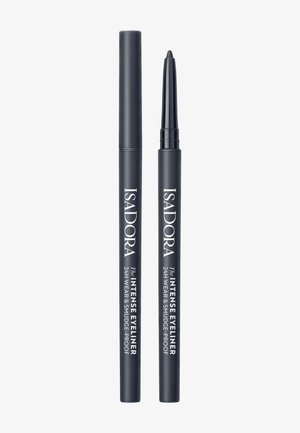 Crayon eye-liner rétractable noir avec capuchon, étiqueté "IsaDora The Intense Eyeliner 24H Wear & Smudge-Proof", présenté fermé et ouvert.