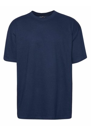 Dunkelblaues T-Shirt aus Baumwolle, mit lockerer Passform, Rundhalsausschnitt und kurzen Ärmeln. Keine sichtbaren Muster oder Verzierungen.