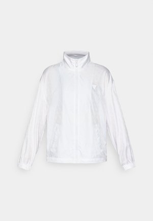 Weiße leichte Jacke mit Reißverschluss, Stehkragen, langen Ärmeln und dezentem Muster; glatte Textur und elastische Bündchen.