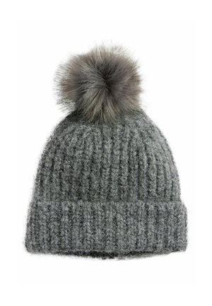 Gray knitted beanie with a ribbed texture, featuring a large faux fur pom-pom on top. The hat has a folded cuff for added warmth.